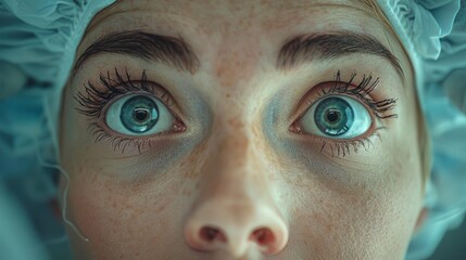 Close-up of a person in surgical attire looking up with wide eyes, likely during a medical procedure in a clinical environment