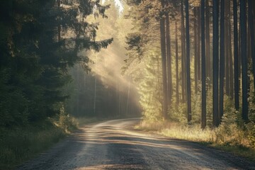 Obraz premium A peaceful sunlit path winding through a dense forest with rays of light filtering through the trees.