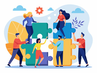 Obraz premium Teamwork problem solving concept, puzzle piece idea solution illustration