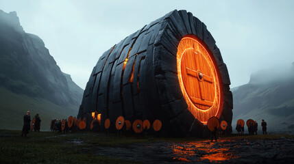 Fototapeta premium A large circular stone door embedded in a hill, glowing with an orange light, with people holding shields in front of it.