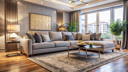 Close-up of a comfortable sofa, area rug, and luxurious modern furniture in an elegant living room, elegant, living room