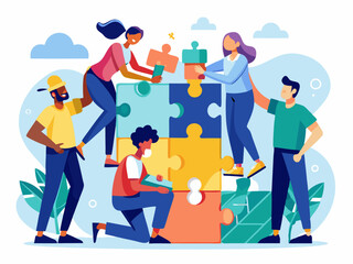 Teamwork problem solving concept, puzzle piece idea solution illustration