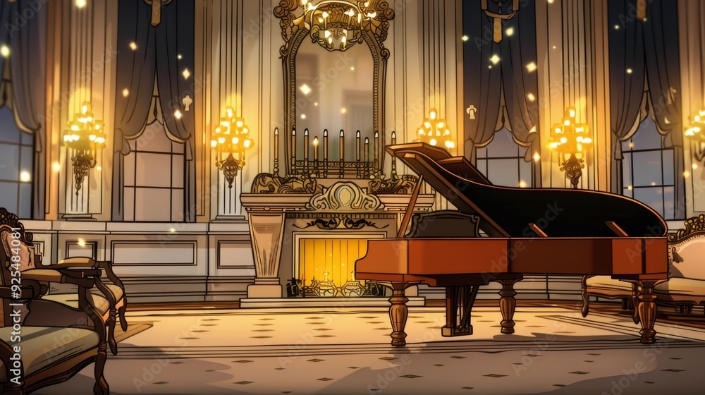 Wall mural a grand piano in a lavish, candlelit room with a fireplace and two figures