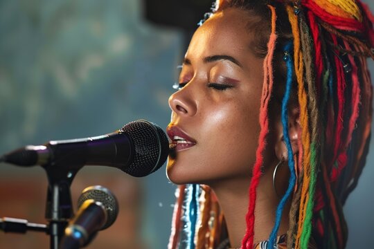 portrait young african american woman singer with bright dreadlocks hairstyle singing into microphone in recording studio - Powered by Adobe