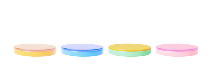 3D vector simple round platform in different colors. Yellow, green, blue and pink. Realistic style