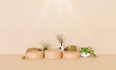 3D product podium cylinder nature and rock background indoor podium wooden texture design element modern advertising bright wooden color background template