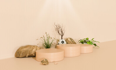 3D product podium cylinder nature and rock background indoor podium wooden texture design element modern advertising bright wooden color background template