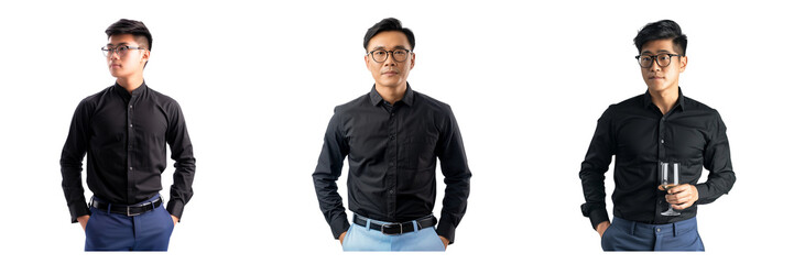 Fototapeta premium Set of Asian man wear a black shirt and black glass Isolated on a transparent background