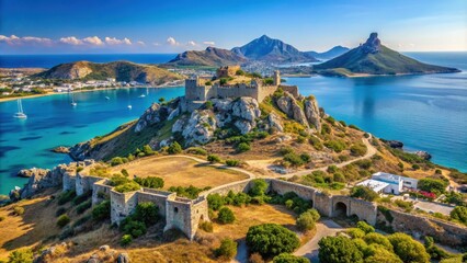 Landscape view of Castle of Kefalos, Kastri Island and Kampos town in Kos, Greece
