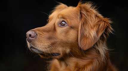 A golden retriever sits calmly, gazing attentively in a dimly lit environment