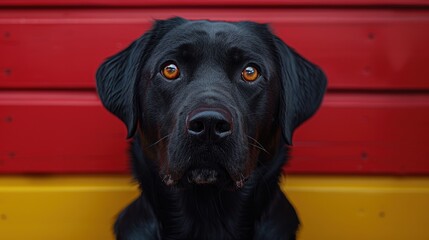 Plakat A black Labrador retriever with expressive eyes sitting against a vibrant red and yellow backdrop