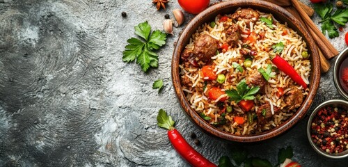 Delicious bowl of colorful rice dish with vegetables and meat, garnished with herbs. Placed on a textured stone surface. Concept of appetizing food presentation