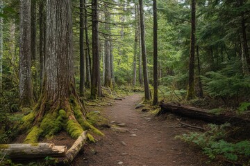 Obraz premium A serene forest path meanders through dense, lush greenery, with towering trees and moss-covered ground creating a peaceful atmosphere.