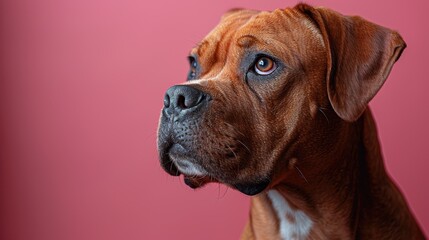 Obraz premium Brown dog with expressive eyes posed against a pink backdrop