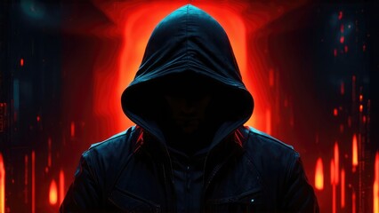 hacker on hood on a neon red background, cybersecurity, digital background, criminal, protection.