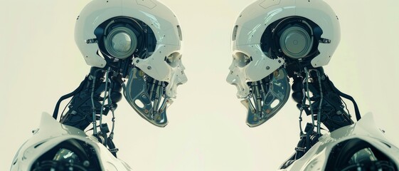 Fototapeta premium Two articulated robots with exposed circuits and gears face each other against a neutral background, evoking thoughts of future technology and artificial intelligence.