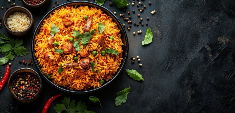 Close-up of a bowl of spicy rice with pieces of meat, garnished with herbs and spices. Black background. Concept of flavorful cuisine