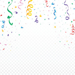 Colorful ribbon and confetti falling on a transparent background. Confetti falling backdrop design for festival, birthday, party, or anniversary. Colorful confetti border frame and abstract background