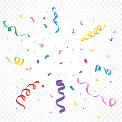 Colorful confetti blast vector on a transparent background. Multicolor confetti and ribbon explosion design for birthday party or anniversary. Tinsel and foil paper burst backdrop for festival.