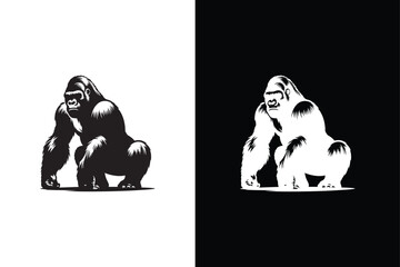 Vector gorilla silhouette Black side silhouette of a gorilla isolated on white and black background. © MONI