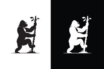 Vector gorilla silhouette Black side silhouette of a gorilla isolated on white and black background. © MONI