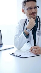 Obraz premium Doctor and a patient. The physician, wearing a white medical coat over a green shirt, gesturing with his hands during a consultation in the clinic. Medicine concept