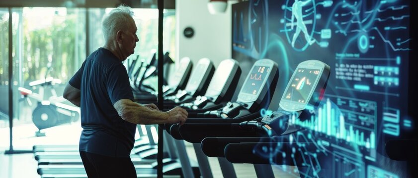 An elderly man exercises on a treadmill, surrounded by modern gym equipment and digital screens displaying data, signifying health and technology integration.