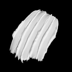 White moisturising cream swatch. Face lotion or mask strokes. Butter cream. Skin care sample. Cosmetic smudge on black background closeup. Beauty product. Top view.