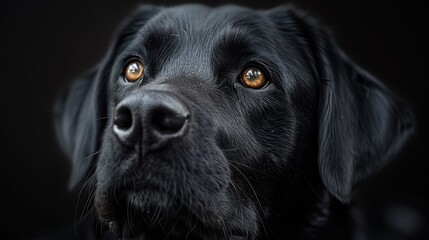 A black Labrador retriever with expressive eyes gazes thoughtfully against a dark background