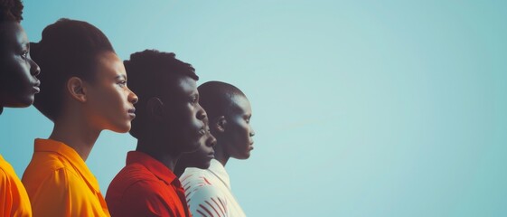 A line-up of individuals in colorful attire facing forward against a clear blue sky backdrop, evoking themes of unity and strength.