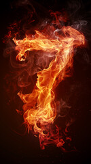 Burning number 7, seven on fire, hot red flames and smokes on black background