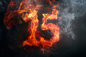 Fototapeta premium Burning number 15, fifteen on fire, hot red flames and smokes on black background