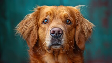 Obraz premium Golden retriever with expressive eyes posing in front of a teal background during daylight hours