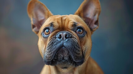 Fototapeta premium A close-up of a French Bulldog with large expressive eyes against a soft blue background
