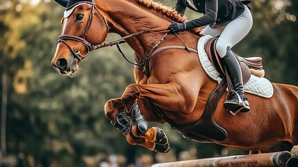 Equestrian Rider Gracefully Jumping Over an Obstacle on a Powerful Horse