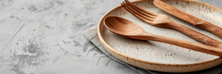 Wooden fork, spoon, and knife placed on a textured plate for dining experience. Place for text