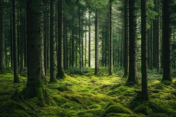 Fototapeta premium A serene, lush green forest bathed in soft light, conveying a sense of tranquility and enchantment.