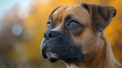 Fototapeta premium Brown boxer dog looking thoughtfully against a backdrop of autumn leaves in a park during the late afternoon