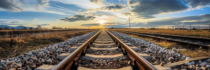 Gordijnen Golden sunset over tranquil railway tracks in a remote landscape © Ilia K