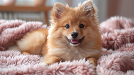 Happy Pomeranian dog relaxing on a cozy pink blanket in a comfortable indoor setting