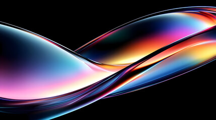Abstract iridescent liquid swirls on black background.