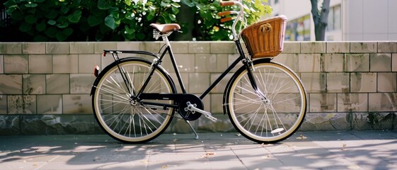 Obraz premium A black bicycle with a wicker basket is parked against a tiled wall surrounded by lush greenery, combining urban life with a touch of nature.