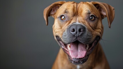Fototapeta premium Happy brown dog with a joyful expression posing against a dark backdrop