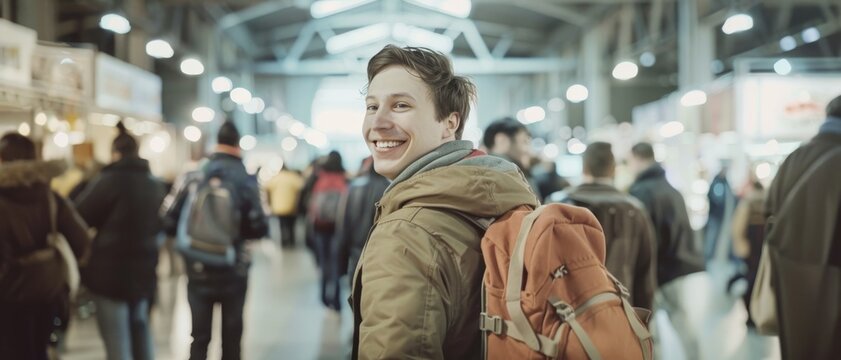 A smiling young man with a backpack turns back in a bustling indoor market, capturing the essence of adventure, curiosity, and the joy of new experiences.