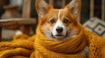 Corgi wrapped in a cozy yellow scarf relaxing indoors in autumn