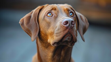 A brown dog gazes upward with a curious expression during a sunny afternoon in a backyard