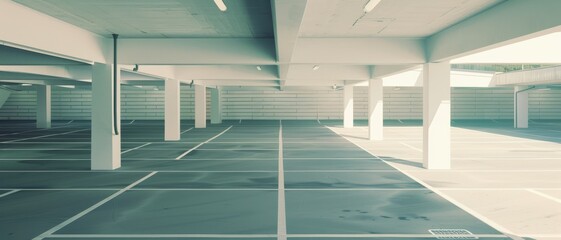 Fototapeta premium A quiet, empty parking lot bathed in soft, diffused light, with clean lines and an orderly structure.