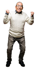 Handsome senior man wearing glasses and winter sweater celebrating surprised and amazed for success with arms raised and open eyes. Winner concept.