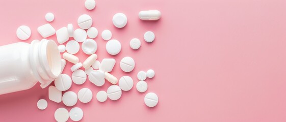 Bottle of pills scattered on a soft pink background, evoking themes of healthcare and medication.