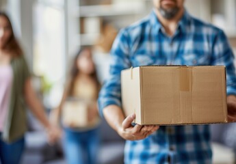 Close-Up of a Man Holding a Cardboard Box with Wife and Daughter Moving Boxes in the Background, Family Moving House Concept